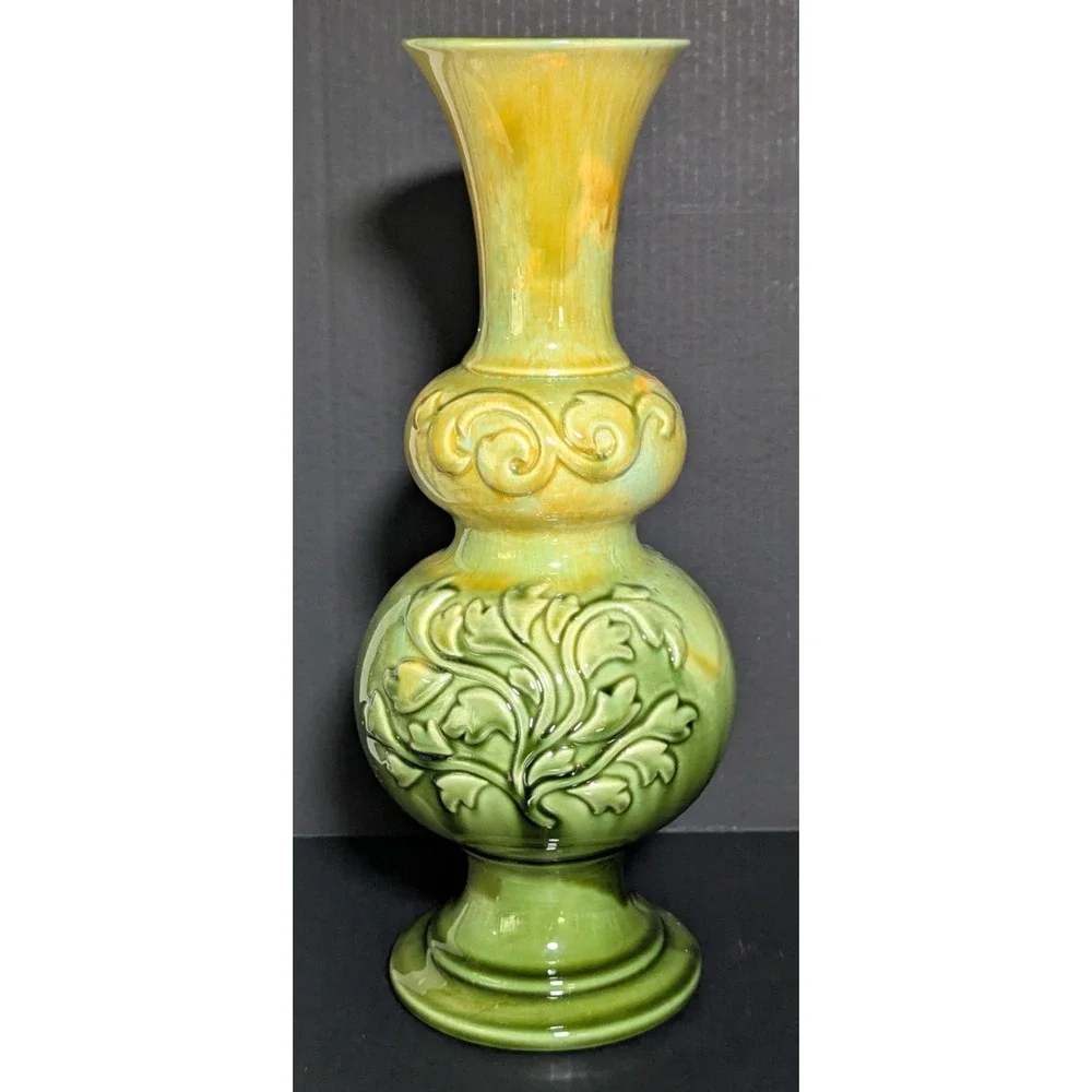 Vtg Haeger Baluster Vase Raised Acanthus Leaves Glossy Yellow & Green Drip Glaze
